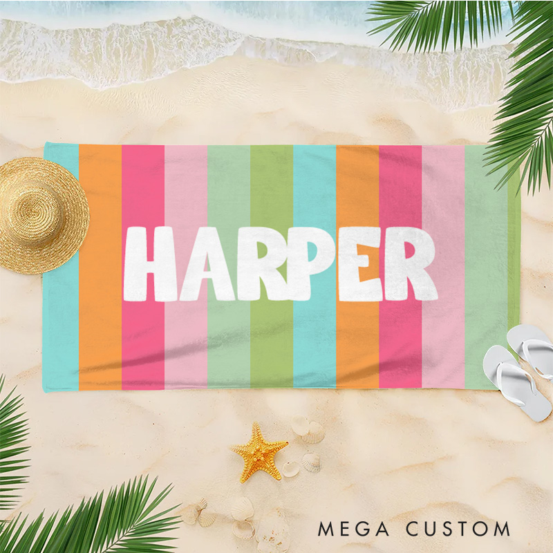 Personalized Colorful Stripe Kids Beach Towel with Name Travel Essentials Summer Holiday Party Gift for Kids