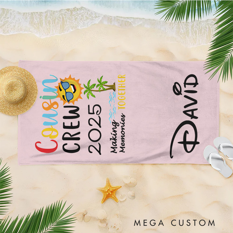 Personalized Multicolor Cousin Crew Kids Beach Towel with Name Travel Essential Birthday Summer Vacation Gift for Kids