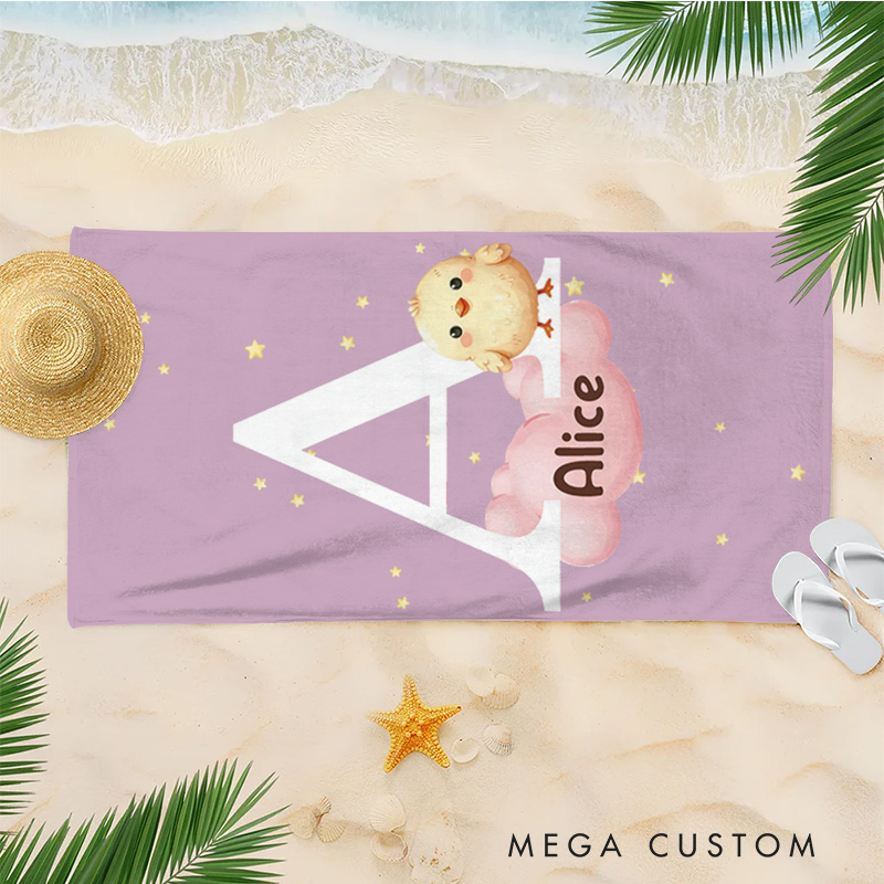 Personalized Multicolor Cloud Star Forest Animal Kids Beach Towel with Initial and Name Birthday Gift for Boys Girls