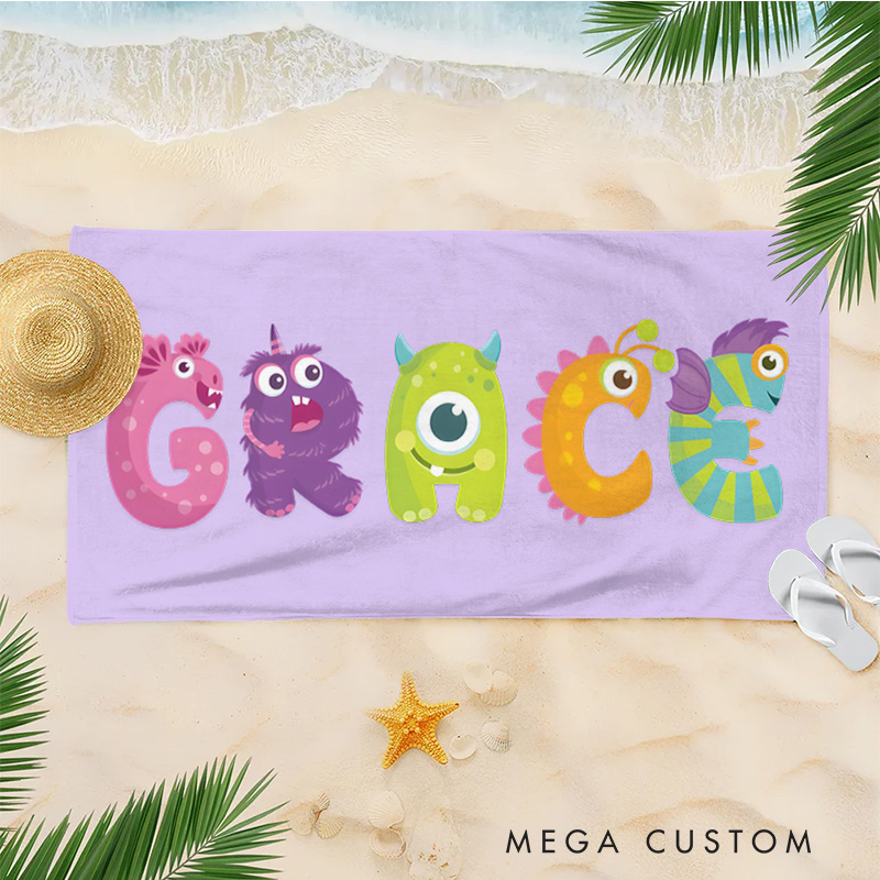 Personalized Multicolor Cartoon Monster Kids with Name Beach Towel Travel Essential Birthday Children's Day Gift for Kids