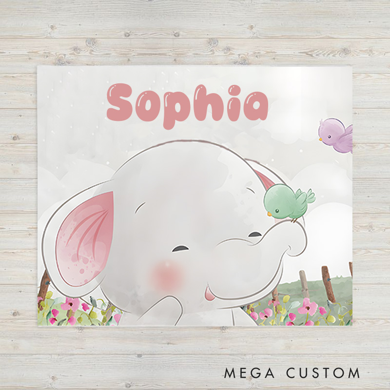 Personalized Kids Blanket Elephant with Birds Blush Floral Birthday Children's Day Gift