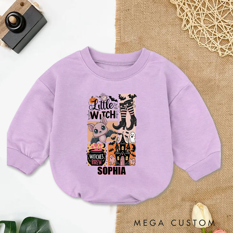 Personalized Little Witch Baby Bodysuit with Cute Cat and Broomstick for Halloween Adventures