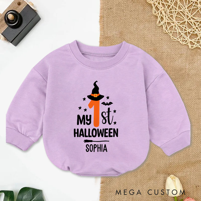 Personalized My First Halloween Baby Bodysuit with Witch Hat and Stars for Baby’s Special Celebration