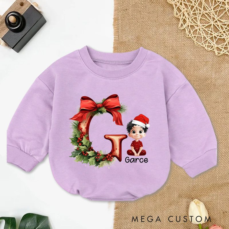 Personalized Cartoon Character Holly Bow Initial Bodysuit with Name Christmas Party Gifts for Baby