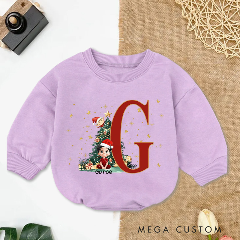 Personalized Cartoon Character Holly Bow Initial Bodysuit with Name Christmas Party Gift for Baby