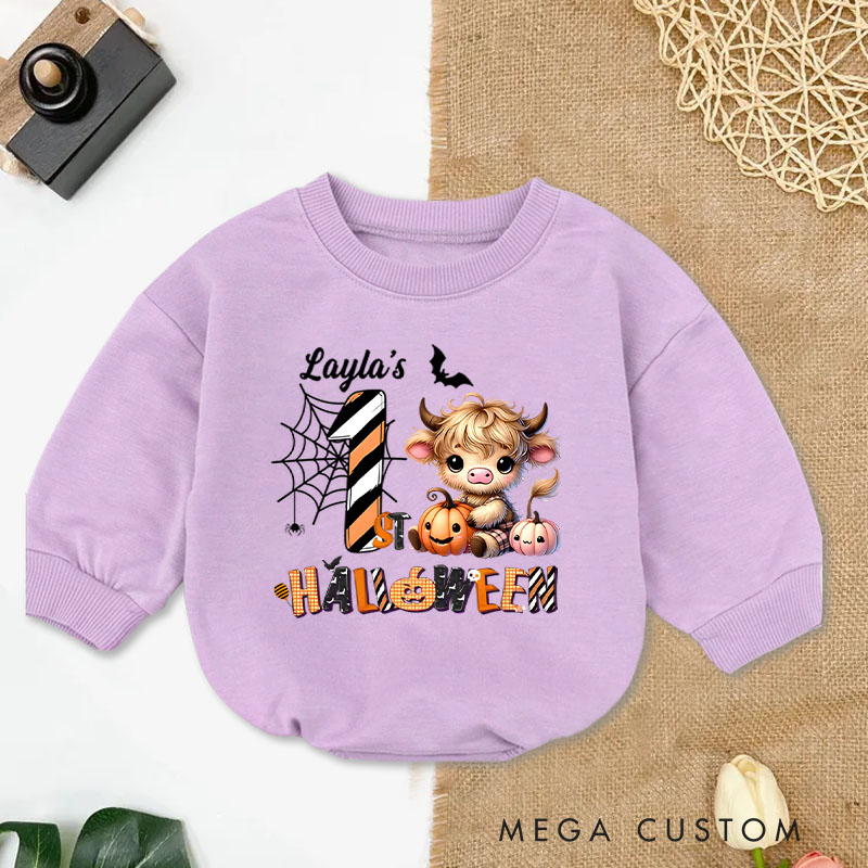 Personalized Spider Web and Pumpkin Design for Baby's First Halloween Celebration Baby Bodysuit