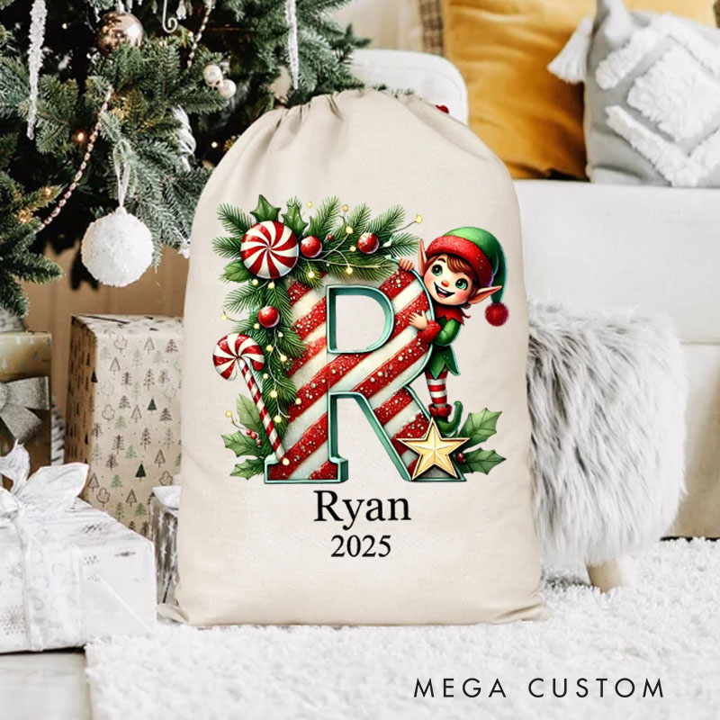 Personalized Festive Initial Christmas Bag with Candy Cane and Elf Design Featuring Name and Year for Holiday Joy