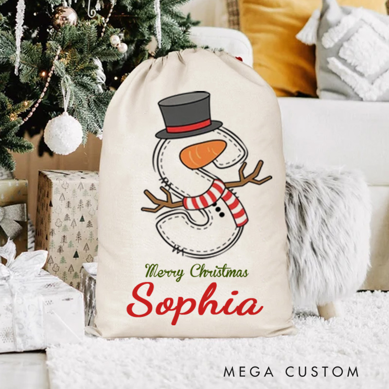 Personalized Cartoon Snowman Initial Santa Sack Drawstring Gift Bag with Name Merry Christmas Party Favors 