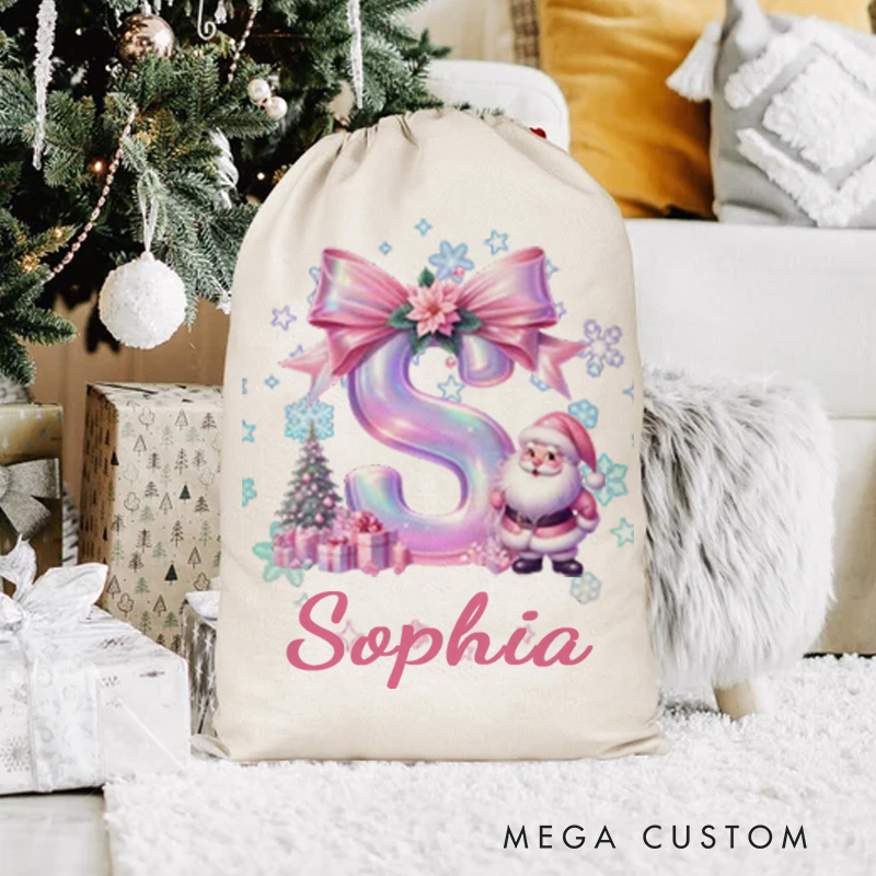 Personalized Christmas Cartoon Character Christmas Sack with Glitter Pink Bow Initial and Name Christmas Gift