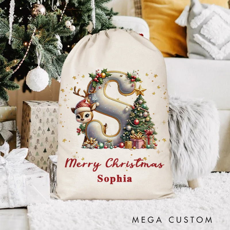 Personalized Initial Christmas Bag with Festive Tree and Reindeer Design Featuring Name for Holiday Fun