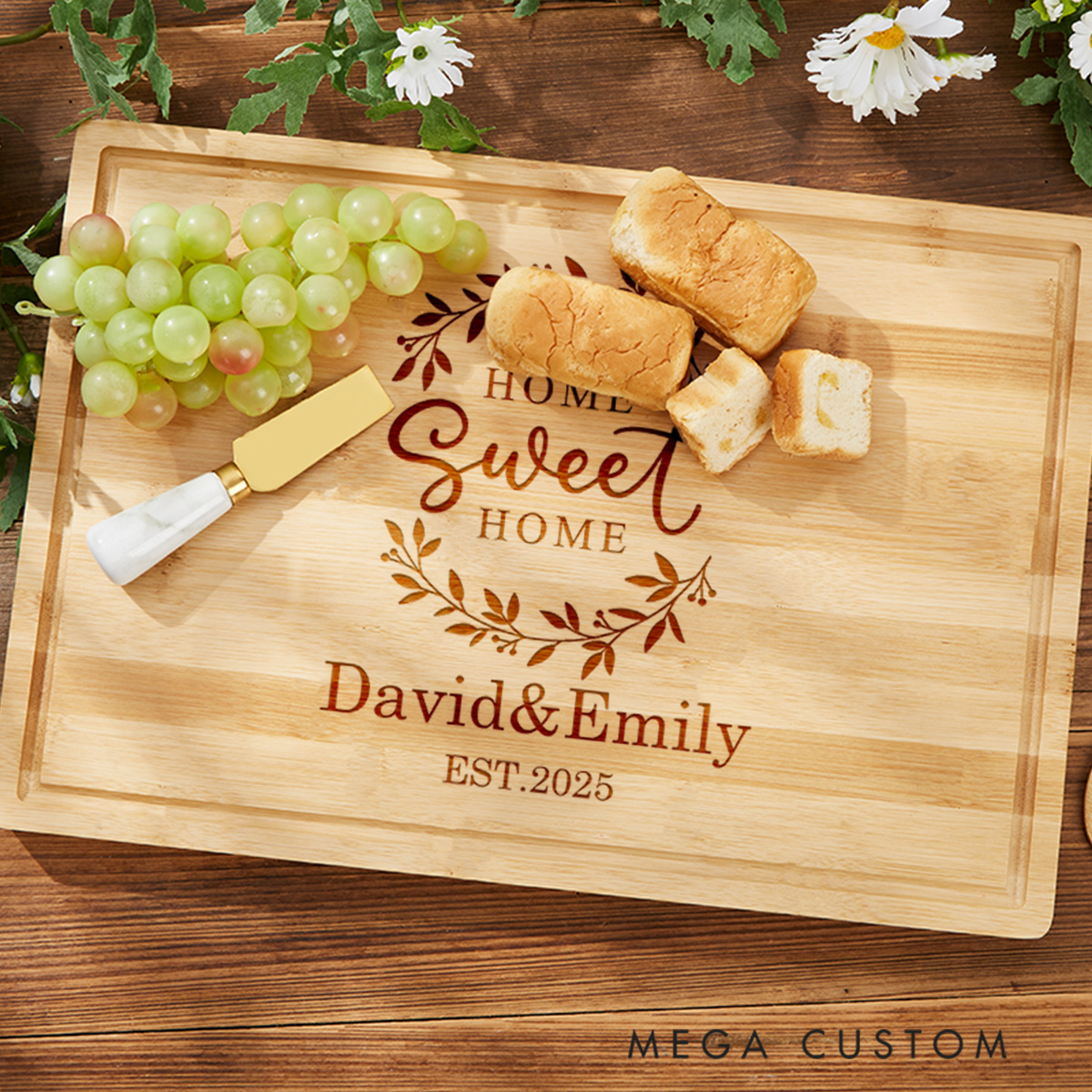 Personalized Housewarming Cutting Board Home Sweet Home Wreath Design with Custom Names New Home Gift Wooden Charcuterie Board