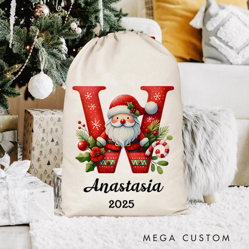 Personalized Santa and Candy Cane Christmas Bag with Initial and Name for a Festive Holiday Season
