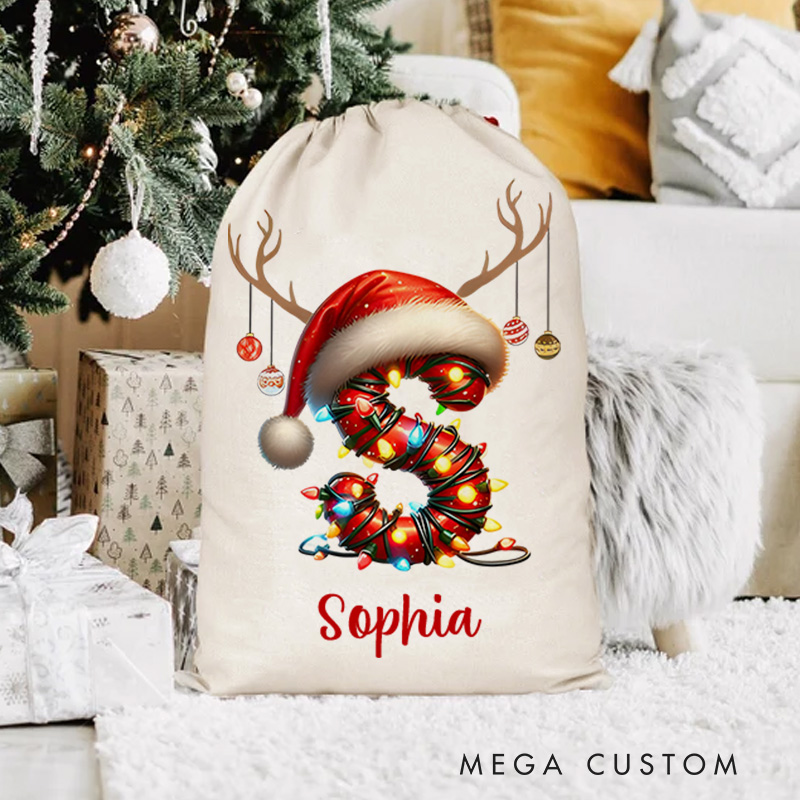 Personalized Santa Hat Initial Christmas Bag with Festive Lights and Name for Holiday Fun