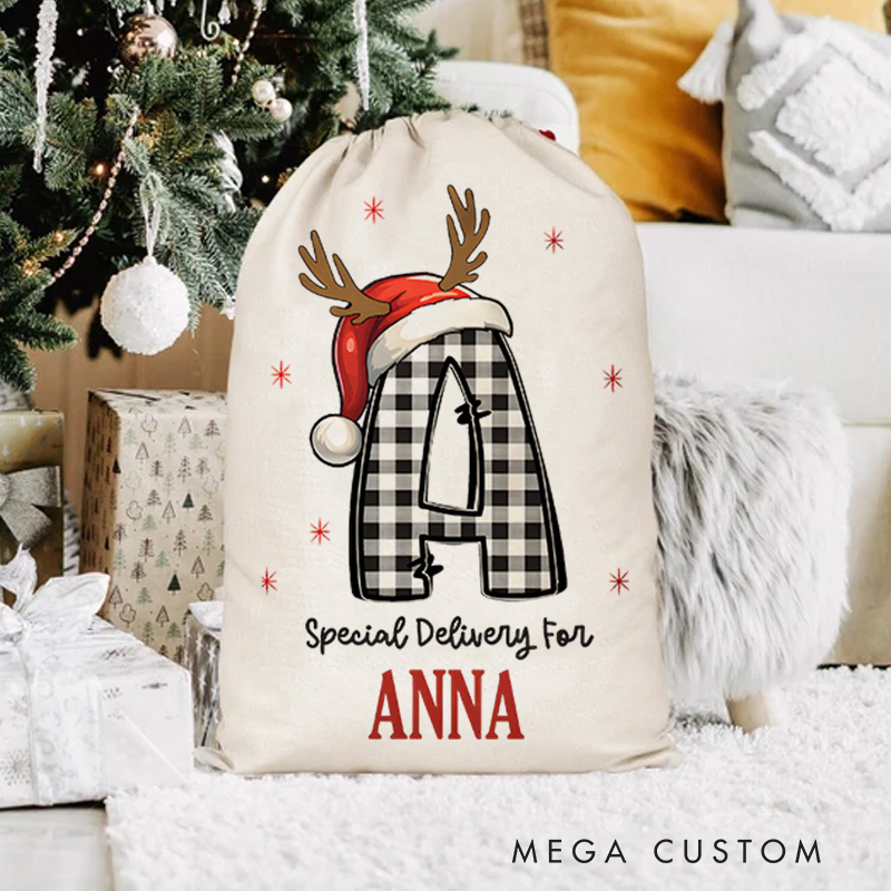 Personalized Plaid Initial Christmas Bag with Reindeer Antlers and Name for a Special Holiday Delivery