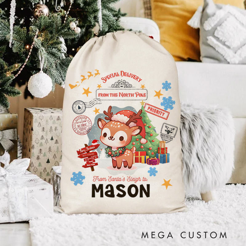Personalized Deer and Snowflakes Christmas Bag with Name for a Festive and Joyful Celebration