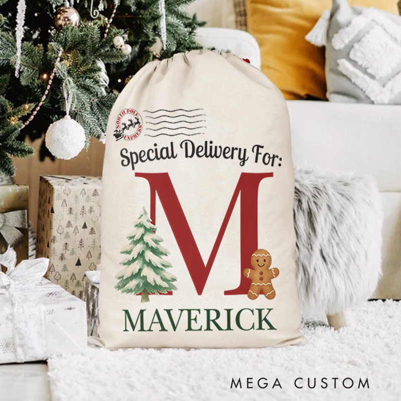 Personalized Festive Initial Christmas Bag with Gingerbread and Tree Featuring Name for a Special Delivery