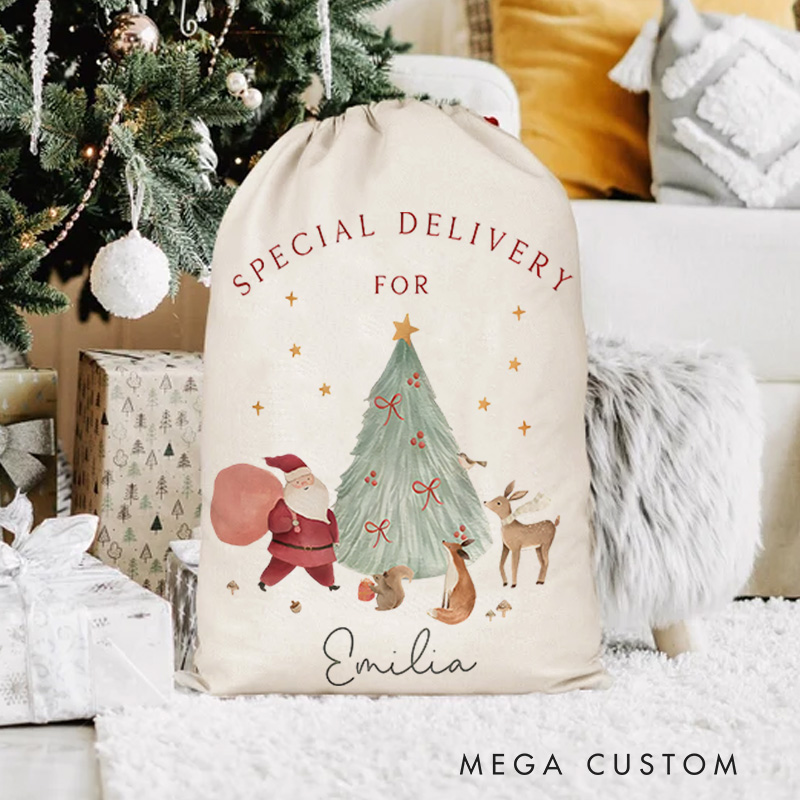 Personalized Santa and Reindeer Christmas Bag with Special Delivery Message and Name for a Magical Holiday
