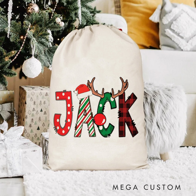 Personalized Festive Name Christmas Bag with Santa Hat and Reindeer Antlers for Holiday Cheer