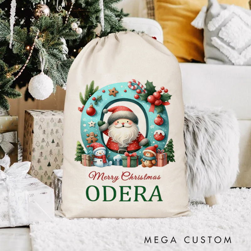 Personalized Santa Initial Christmas Bag with Festive Ornaments and Name for a Merry Celebration
