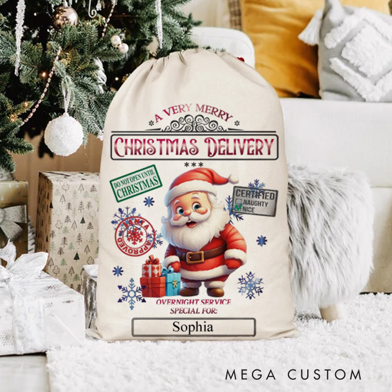Personalized Santa Express Delivery Christmas Bag with Festive Stamps and Name for a Magical Holiday Gift