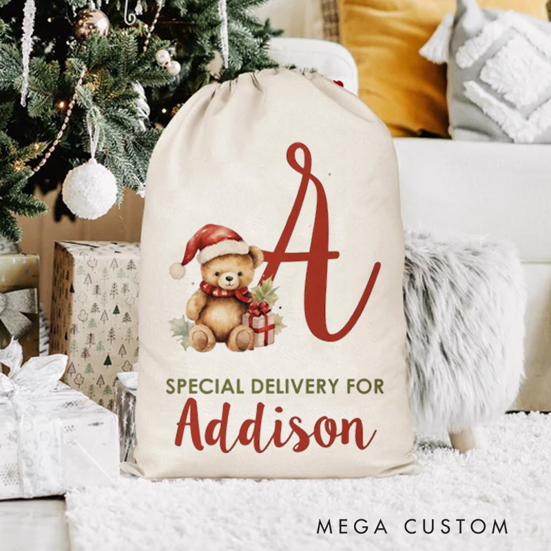 Personalized Teddy Initial Christmas Bag with Santa Hat and Name for a Special Holiday Delivery