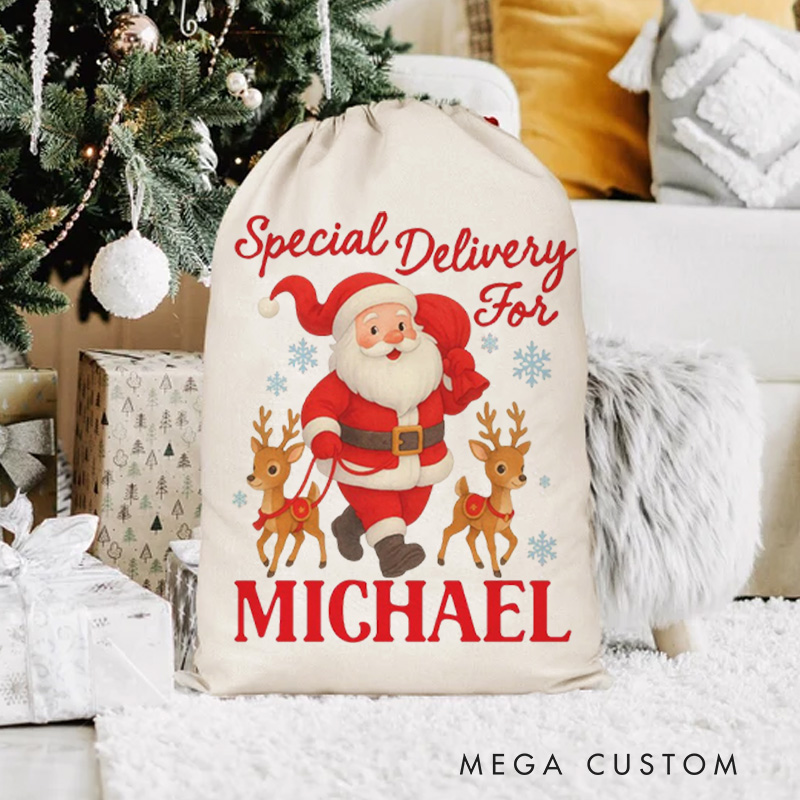 Personalized Santa and Reindeer Christmas Bag with Special Delivery Message and Name for a Festive Holiday