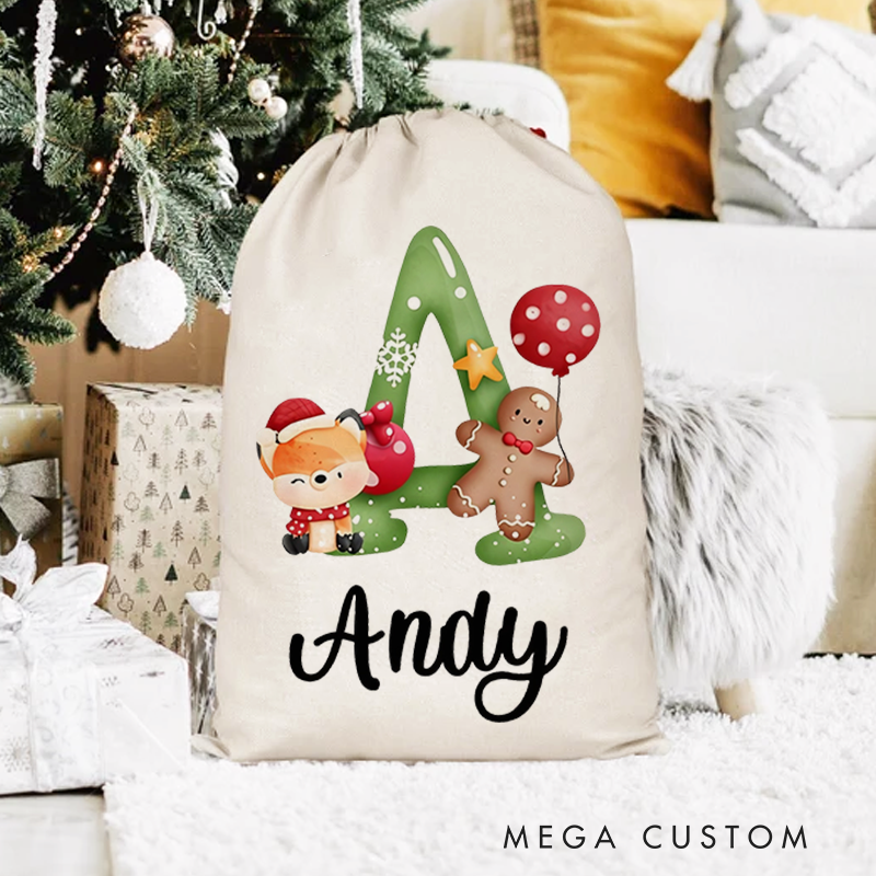 Personalized Christmas Animal Alphabet Linen Drawstring Bag for Gift Wrapping Party Favors