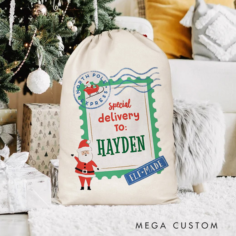 Personalized Special Delivery Christmas Bag with Elf Design and Name for a Magical Holiday Gift Experience