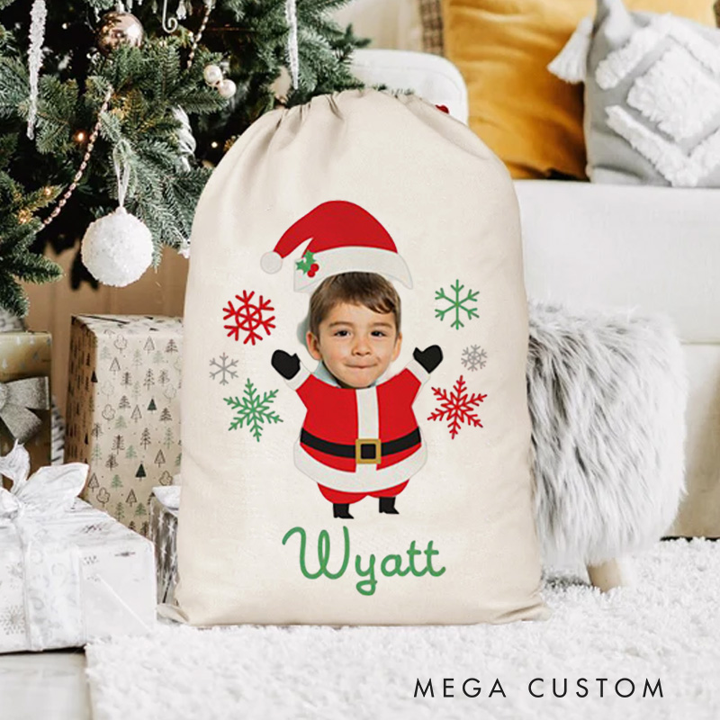 Personalized Photo Face Christmas Bag with Festive Elf Outfit and Name for a Joyful Holiday Surprise