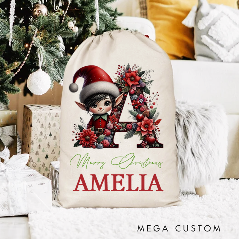 Personalized Cute Christmas Elf Floral Initial Ceramic Christmas Sack with Name Christmas Decor Gift