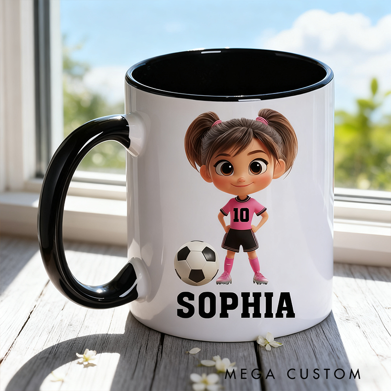 Personalized Soccer Mug with Custom Name and Cartoon Character Design