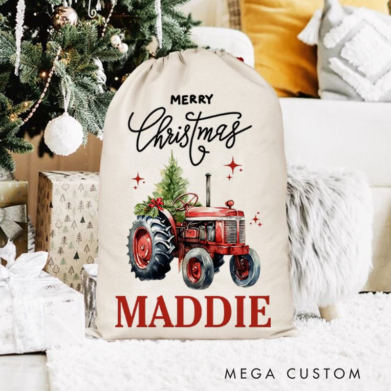 Personalized Merry Christmas Truck Drawstring Canvas Gift Bag with Name Christmas Party Gift for Kids Family