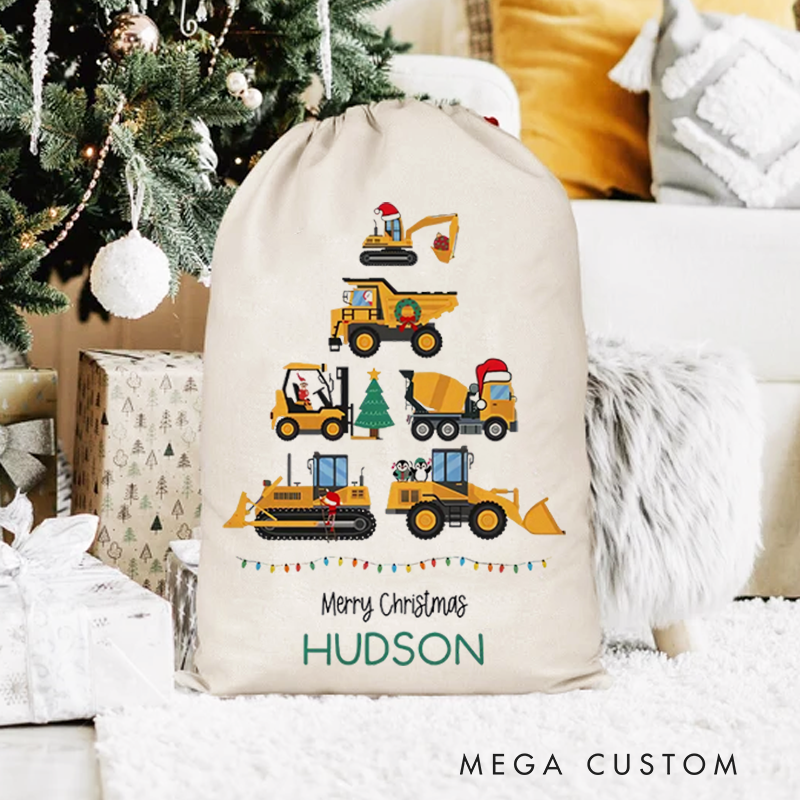 Personalized Merry Christmas Tractor Drawstring Canvas Gift Bag with Name Christmas Party Gift for Kids Family