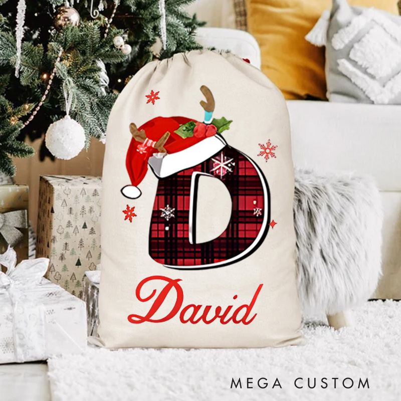 Personalized Plaid Initial Christmas Bag with Festive Santa Hat and Custom Name for Holiday Gift Giving