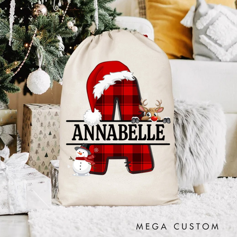 Personalized Plaid Initial Christmas Bag with Santa Hat Reindeer and Snowman Accents for Holiday Joy