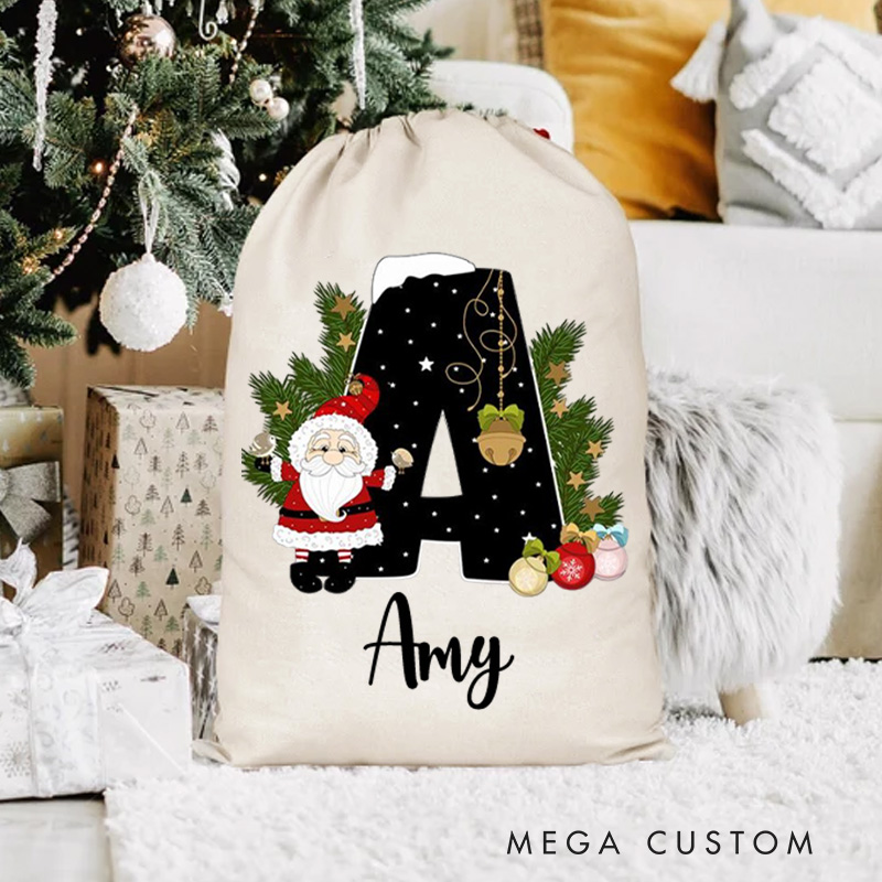 Personalized Elegant Initial Christmas Bag with Festive Decorations and Custom Name for Holiday Gift Giving