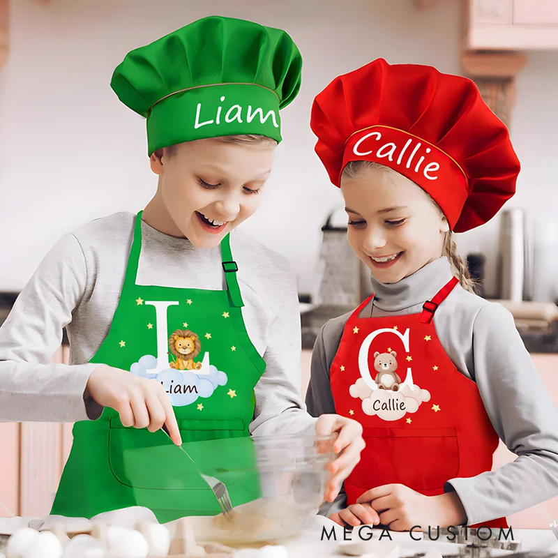Personalized Cute Forest Animal Panda Elephant Adjustable Kid Apron Chef Hat Set with Name and Initial Handcraft Activities Birthday Gift for Kids