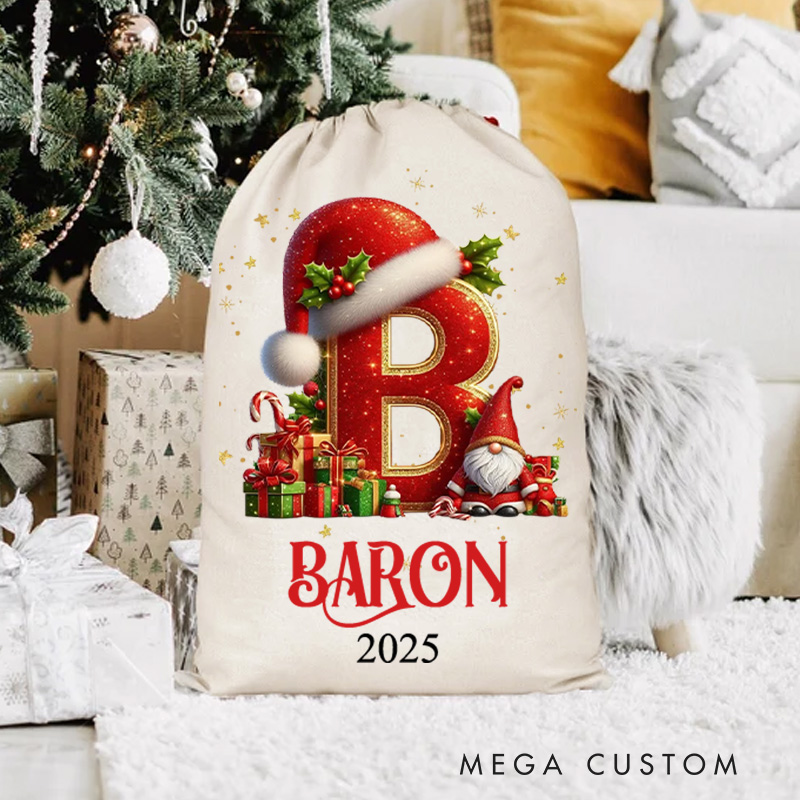 Personalized Festive Initial Christmas Bag with Santa Hat and Custom Name for Joyful Holiday Gift Giving Christmas Bag