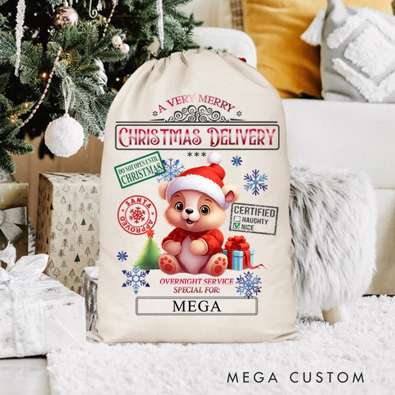 Personalized Teddy Bear Express Delivery Christmas Bag with Festive Stamps and Name for a Joyful Holiday Gift