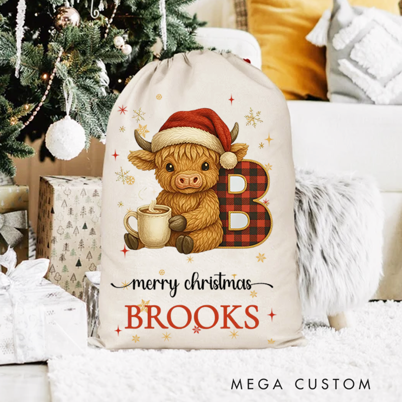 Personalized Highland Cow Santa Sack Drawstring Bag for Present Holiday Gifts BagChristmas Present Gift Bag for Him Her Kids Adults