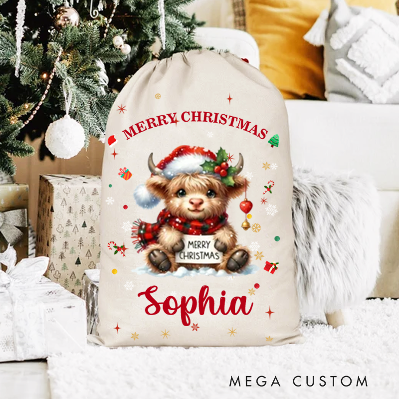 Personalized Cartoon Christmas Hat Highland Cow Christmas Bag with Name Christmas Gift for Family Friends