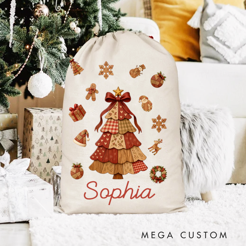 Personalized Wood Element Christmas Tree Santa Claus Canvas Drawstring Gift Bag with Name Christmas Gift for Family Kids