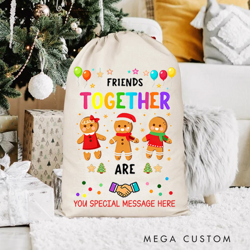 Personalized Gingerbread Friends Together Holiday Gift Sack Colorful Balloons Stars Friendship Joyful Festive Spirit Christmas Bag