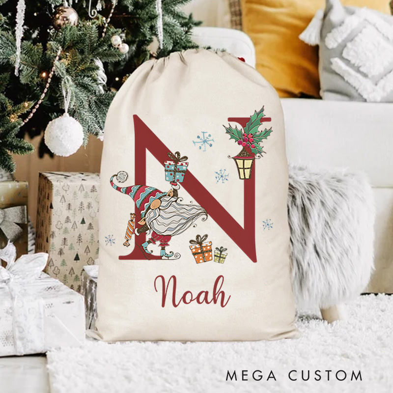 Personalized Cute Gnome Initial Letter Holiday Gift Sack Festive Custom Name Santa Style Joyful Holiday Magic Christmas Bag