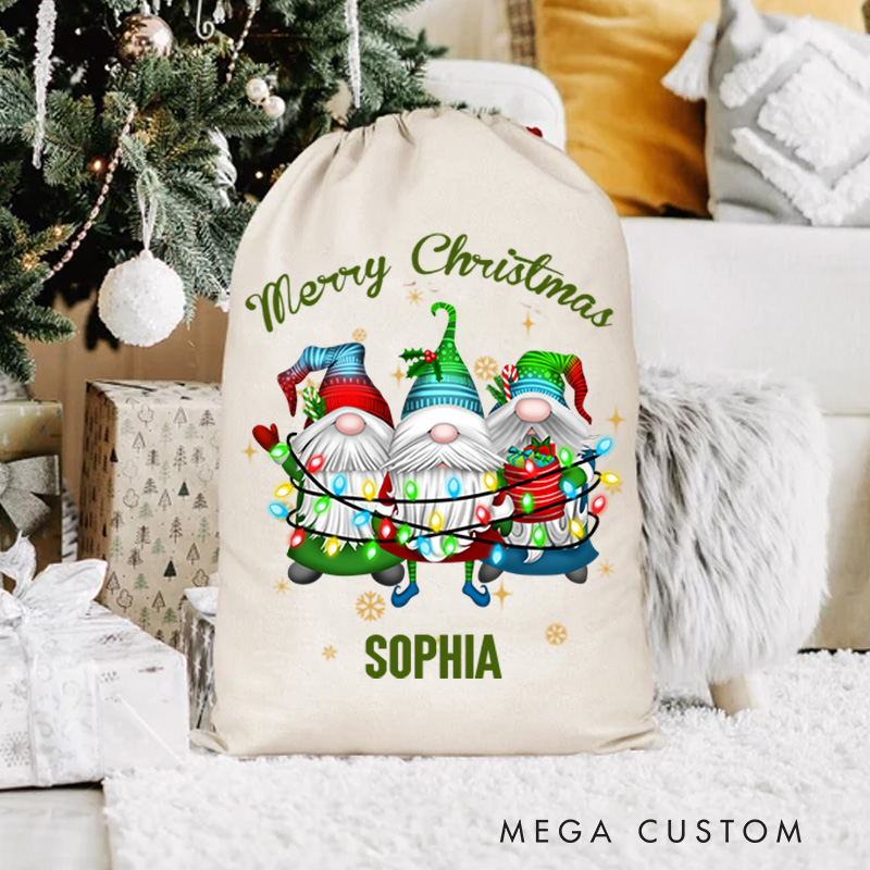 Personalized Cute Gnome Family Holding Christmas Lights Festive Custom Name Holiday Gift Sack Joyful Winter Celebration Christmas Bag