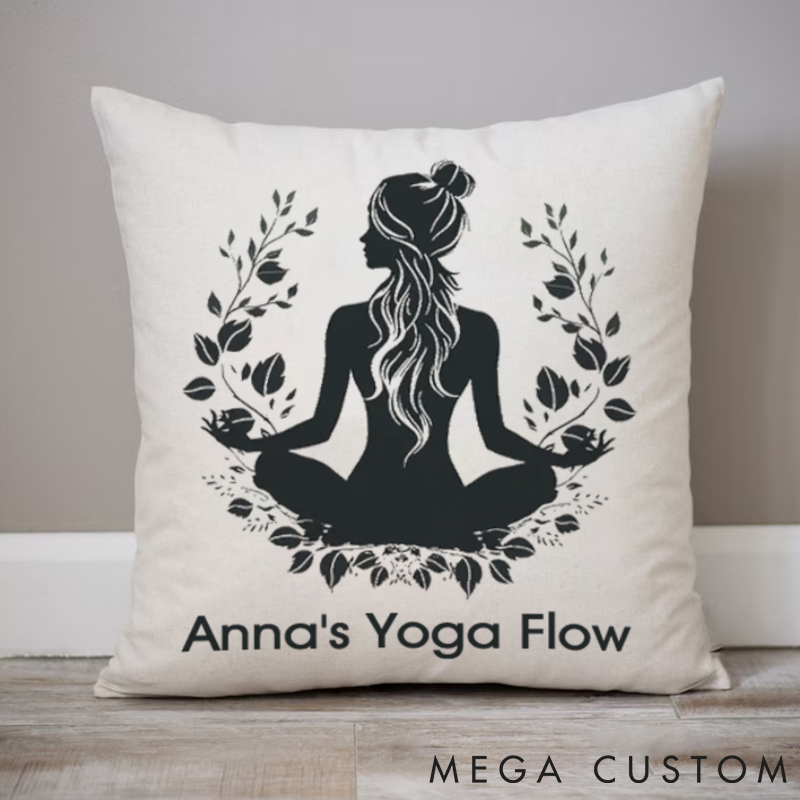 Personalized Pillows with Meditation Silhouette and Branches and Leaves Symbolizing Vitality Custom Name Yoga Pillows Gift Idea for Yoga Lover