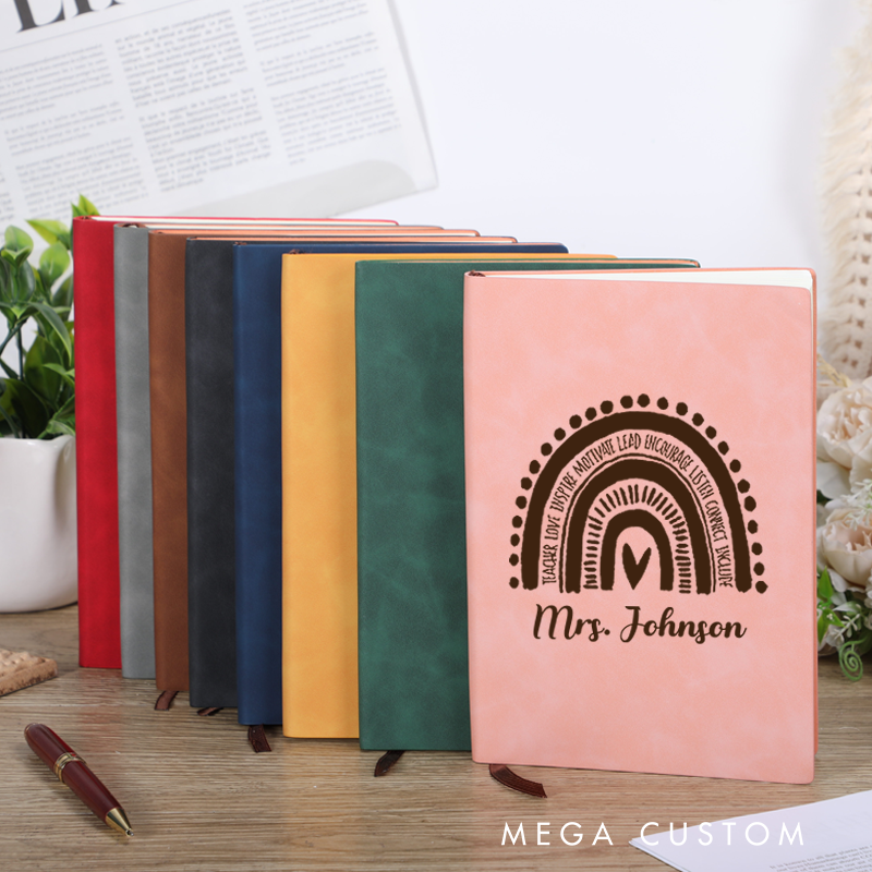 Personalized Leather Notebook for Teacher Hand Drawn Rainbow Leather Journal Teacher Appreciation Gift