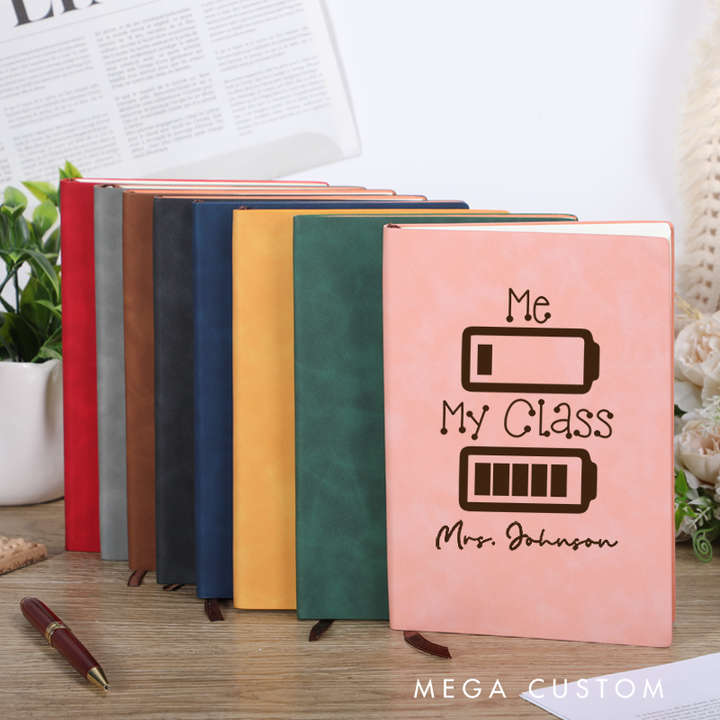 Personalized Leather Notebook for Teacher Two Battery Icons Funny Design Leather Journal Teacher Appreciation Gift