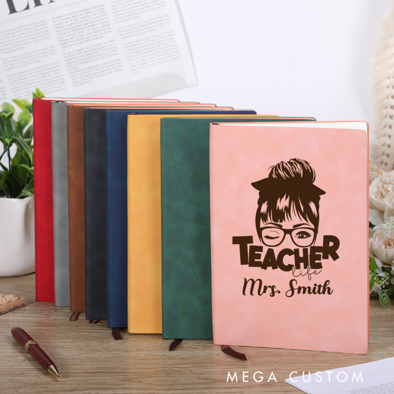 Personalized Leather Notebook for Teacher Illustration of a Winking Teacher with Glasses Leather Journal Teacher Appreciation Gift