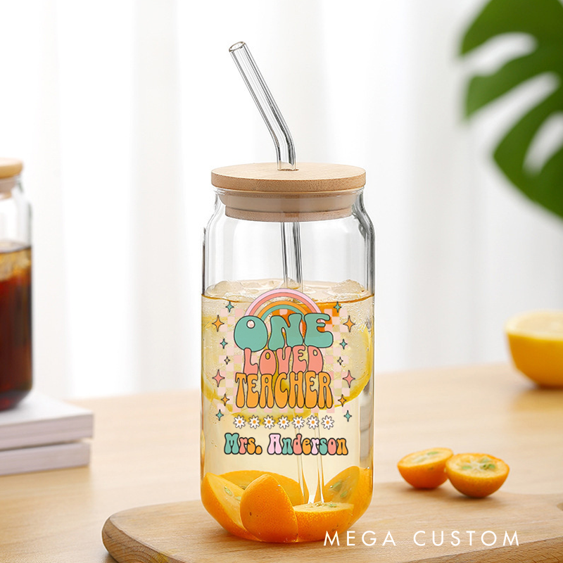Personalized Teacher Tumbler with Lid and Straw One Loved Teacher Custom Glass Coffee Cup Teacher Appreciation Gift